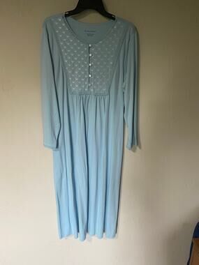 Cuddledown 100% Pima Cotton Embroidered Lace Long Nightgown Blue Ladylike Large